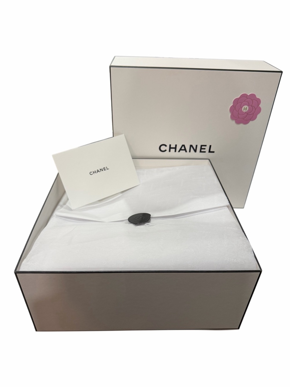 CHANEL Empty White Box with Pink Camellia Accent and Blank Card